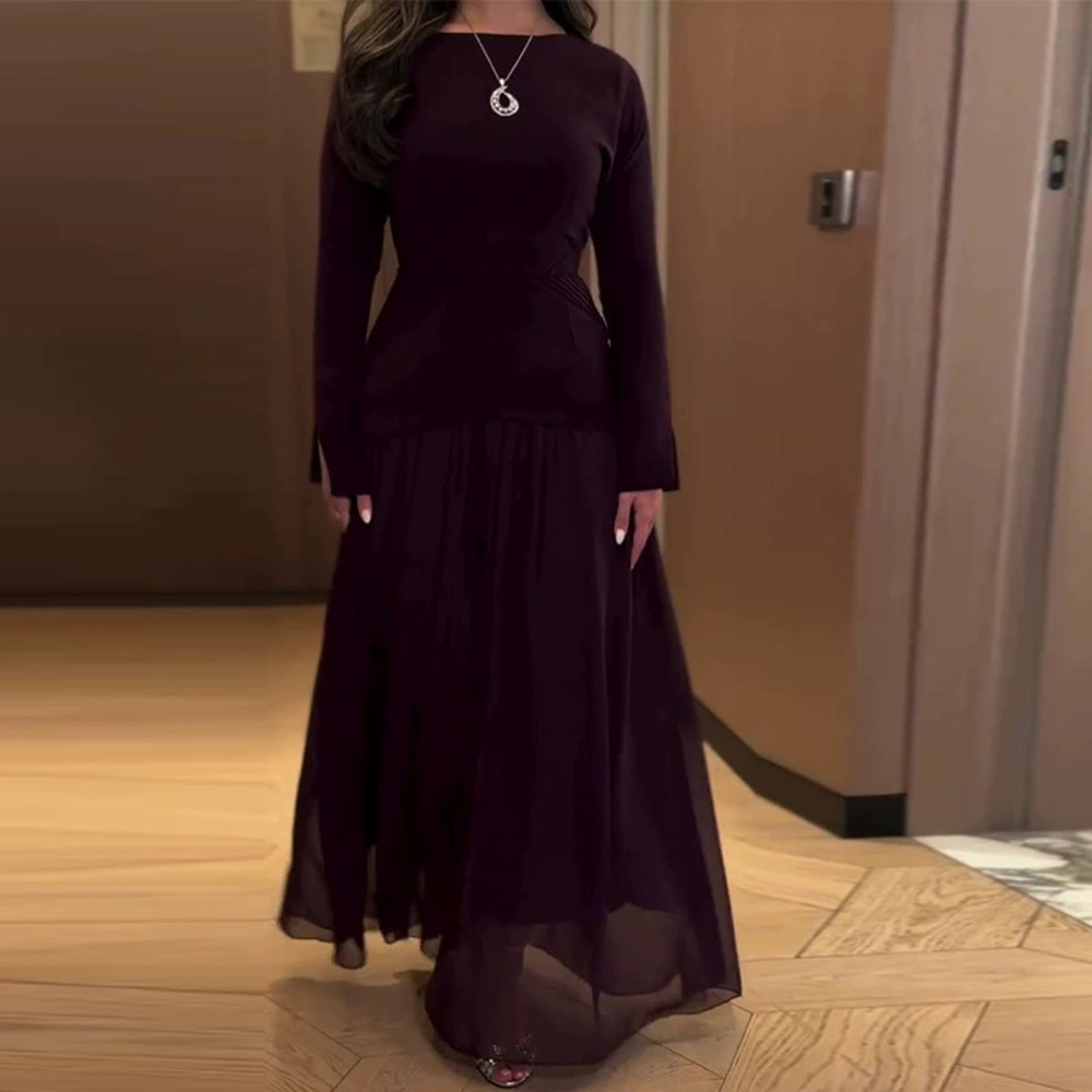 Forever 21 Elegant Long-Sleeve Round-Neck Cinched Waist Patchwork Maxi Dress